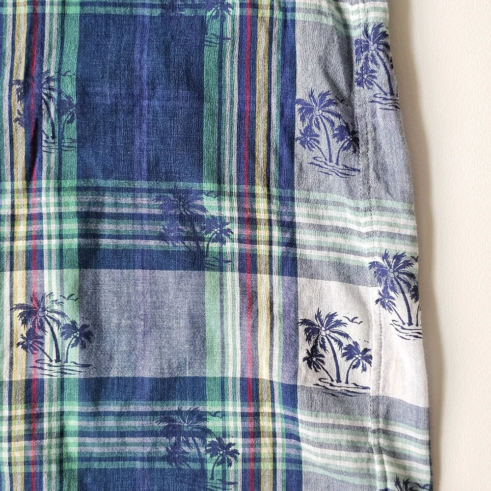 VTG Ralph Lauren Plaid Palms Short Sleeve Button Down Shirt Blue Green Youth XL